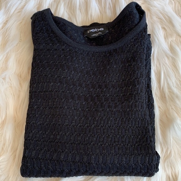 Bebe Black Cut Out Shoulder Long Sleeve Sweater with Silver Metallic Yarn Size M - Picture 9 of 10